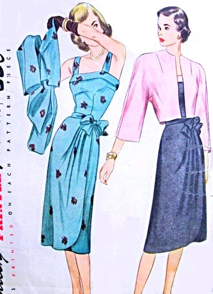 1940s Evening Cocktail Party Dress and Jacket Pattern Stunning  Sarong Style SIDE DRAPE Cuffed Bodice With Straps Film Noir Style Simplicity 1929 Vintage Sewing Pattern