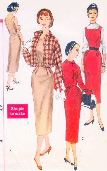 1950s Slim Dress or Jumper and Shortie Jacket Pattern Simplicity 2236 Square Neckline Wiggle Sheath Bust 34 Simple To Make Vintage Sewing Pattern FACTORY FOLDED