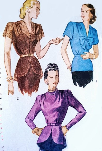 1940s BEAUTIFUL Peplum Over Blouses Pattern SIMPLICITY 2271 Three Unique Blouse  Styles Evening or Daytime Figure Flattering Cascade Back Peplum Version Bust 34 Vintage Sewing Patterns