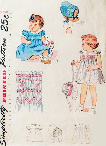 1940s Sweet Little Girls Toddlers Dress, Bonnet Pattern SIMPLICITY 2553  Size 6 Months Vintage Sewing Pattern