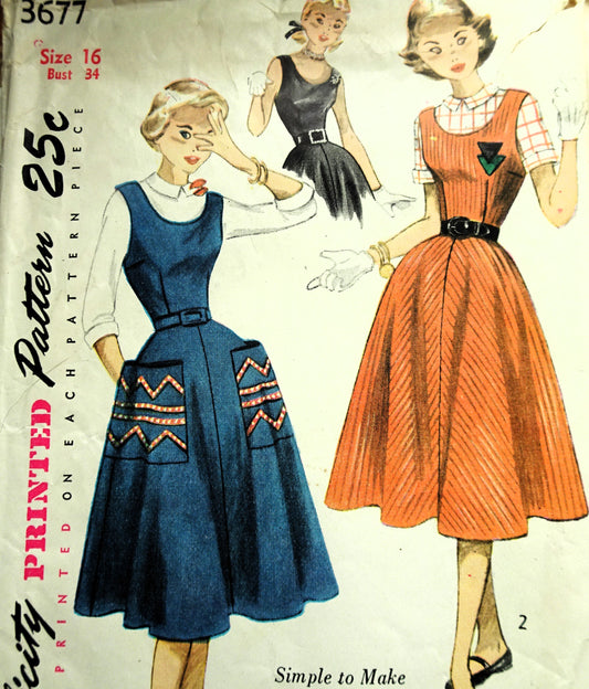 1950s CUTE Full Skirt Dress or Jumper and Blouse Pattern SIMPLICITY 3677  Bust 34 Simple to Make Vintage Sewing Pattern