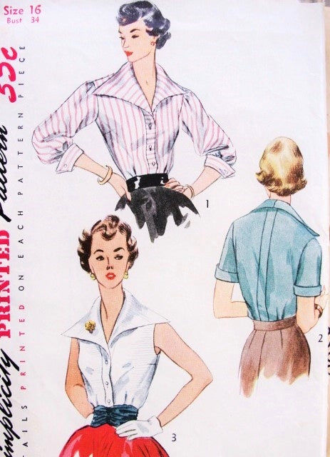 1950s LOVELY Blouse Pattern SIMPLICITY 3941 Judy Holliday Style Wing Collar Blouse 3 Versions Includes Cummerbund Bust 32 Vintage Sewing Pattern