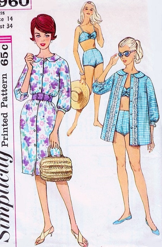 Early 60s CUTE Beach Wear Pattern SIMPLICITY 3960 High Waist 2 Pc Bathing Suit, Gidget Style, Beach Coat Cover Up, Slim Front Button Dress, Bust 32 Vintage Sewing Pattern