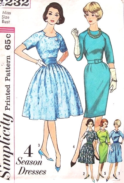 1960s LOVELY Slim or Full Skirt Dress Pattern SIMPLICITY 4232 Four Season Dresses, Jewel Notched Neckline, Detachable Collar, Cummerbund Bust 38 Vintage Sewing Pattern