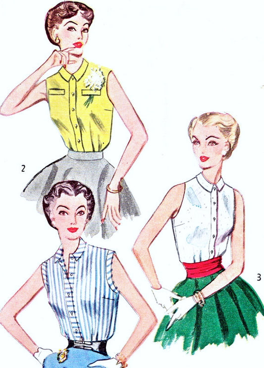 1950s Blouse Pattern Simplicity 4238 Rockabilly Sleeveless Front Button Blouse s 3 Style Versions Simple To Make Vintage Sewing Pattern Bust 30