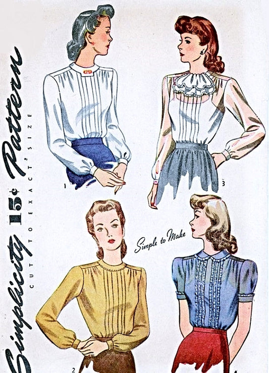 1940s Lovely Day or Evening Blouse Pattern Front PinTuck Lovely Jabot Version Simplicity 4556 Vintage Sewing Pattern Bust 32 or 34