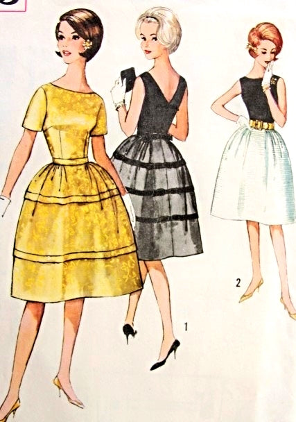 1960s Cocktail Party Dress Pattern Simplicity 4595 Vintage Sewing Pattern Bateau Neckline V Back Bell Shape Skirt Flirty Design Bust 33