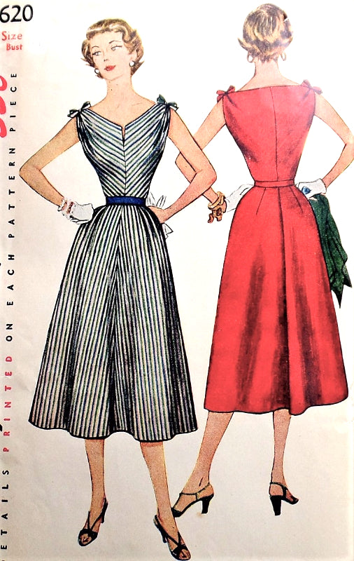 1950s PRETTY Shoulder Ties Dress Pattern SIMPLICITY 4620 Rockabilly V Slit Neckline Full Skirt Bust 30 Vintage Sewing Pattern