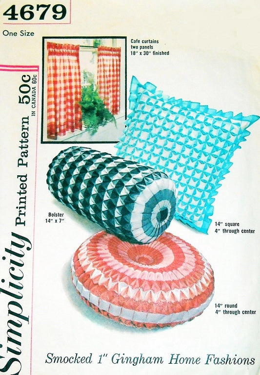 1960s Smocked 1 Inch Gingham Pillows Cushions Cafe Curtain Pattern Simplicity 4679 Eames Era Smocked Pillows Decor Vintage Sewing  Pattern