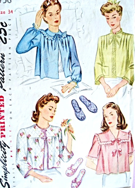 1940s WW II PRETTY Bed Jackets and Slippers Pattern SIMPLICITY 4756  Four Glam Styles Bust 32 Vintage Sewing Pattern