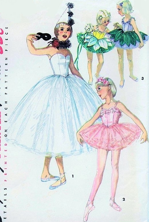 1950s Simplicity 4863 Vintage Sewing Pattern Lovely Girls Ballet Ballerina Costume TuTu, Flower Fairy Petal Dress, Harlequin Hat, Neck Ruffle Cute Kawaii Styles Size 10 UNCUT