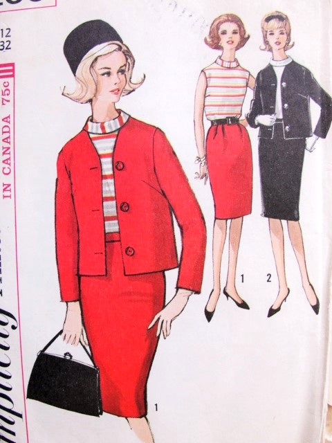 1960s Suit and Blouse Pattern Simplicity 5106 Tippi Hedren Style Mad Men Era Boxy Jacket, Slim Skirt Roll Collar Tuck In Blouse Bust 32  Vintage Sewing Pattern FACTORY FOLDED