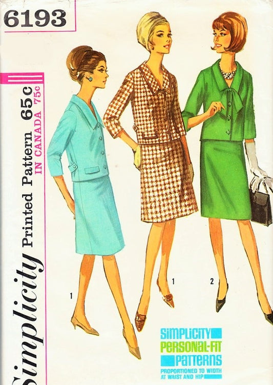 1960s Suit Or Suit Dress Pattern Simplicity 6193 Fitted Jacket Choice of Flared or Slim Skirt Bust 35 Vintage Sewing Pattern