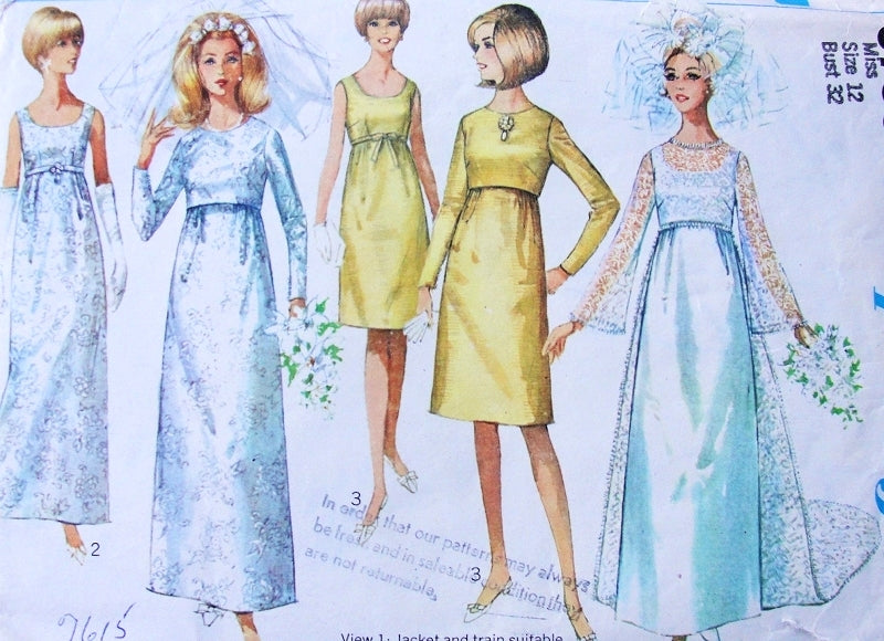 1960s ELEGANT Bridal Wedding Bridesmaid Dress Pattern SIMPLICITY 6759 Lovely Empire Waist  Wedding Dress Detachable Train or Evening Dress and Jacket Bust 32 Vintage Sewing Pattern