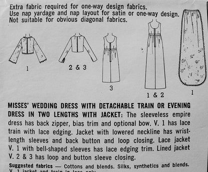 1960s ELEGANT Bridal Wedding Bridesmaid Dress Pattern SIMPLICITY 6759 Lovely Empire Waist  Wedding Dress Detachable Train or Evening Dress and Jacket Bust 32 Vintage Sewing Pattern