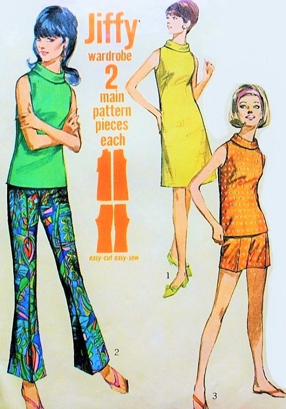 1960s  FAB A Line Dress, Blouse Top, Shorts and Bell Bottom Flared Pants Pattern SIMPLICITY 7021 Bust 31 Vintage Sewing Pattern FACTORY FOLDED
