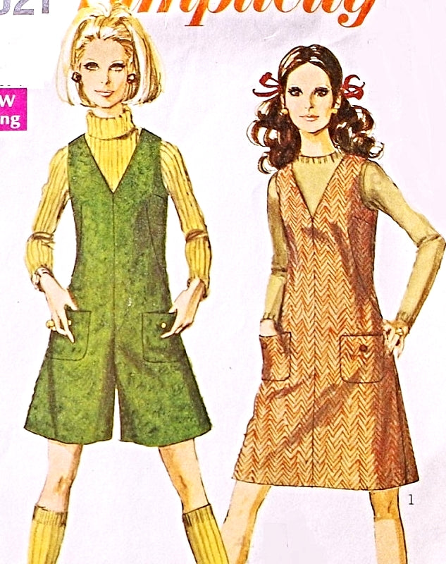 Mod 1960s Simplicity Vintage Pattern 7821  Jiffy Jumper and Mini-Pant Jumper,Culotte Jumper, Easy To Sew Bust 36 Vintage Sewing Pattern