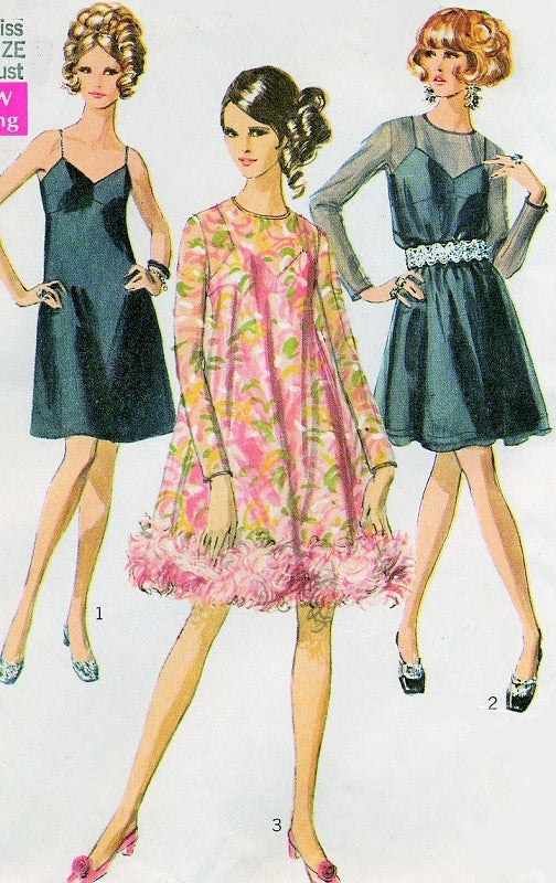 Mod 60s Evening Party Slip Dress Pattern Tent Sheer Over Dress Cocktail Dress Simplicity 7947 Vintage Sewing Pattern UNCUT Bust 38