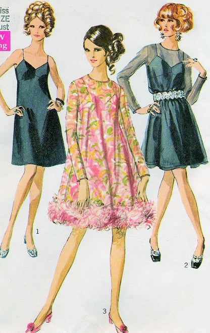 Mod 60s Evening Party Slip Dress Pattern Tent Sheer Over Dress Cocktail Dress Simplicity 7947 Vintage Sewing Pattern UNCUT Bust 38