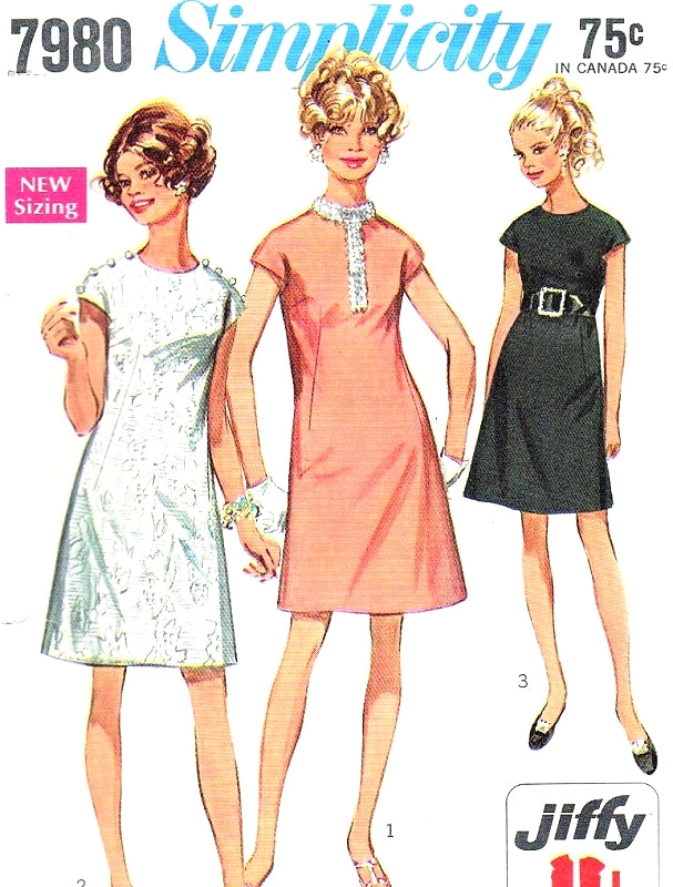 1960s FABULOUS Dress Pattern SIMPLICITY 7980 Mod A-Line Mini 3 Styles Bust 36 Easy To Sew Jiffy Vintage Sewing Pattern