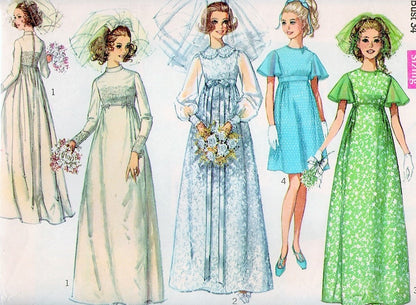 1960s Lovely Empire Wedding Dress Bridal Gown Pattern SIMPLICITY 8144 Includes Bridesmaid Dress Romantic Styles Bust 34 Vintage Sewing Pattern