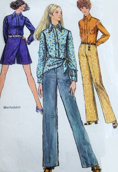 1960s Mini-Pantskirt Skort, Shirt, Hiphugger Pants and Scarf Pattern Simplicity 8400 Vintage Sewing Pattern FACTORY FOLDED