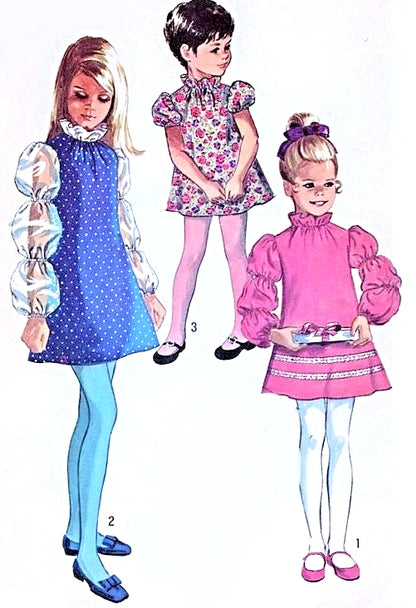 60s Adorable Girls Dress Pattern Simplicity 8525 Vintage Sewing Pattern Mod Dress Puff Sleeves Ruffle Neck Boho Kawaii Lolita Style UNCUT