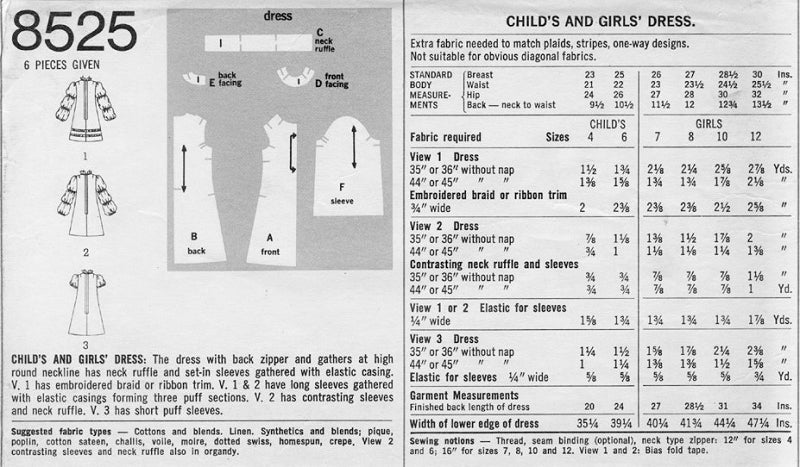 60s Adorable Girls Dress Pattern Simplicity 8525 Vintage Sewing Pattern Mod Dress Puff Sleeves Ruffle Neck Boho Kawaii Lolita Style UNCUT