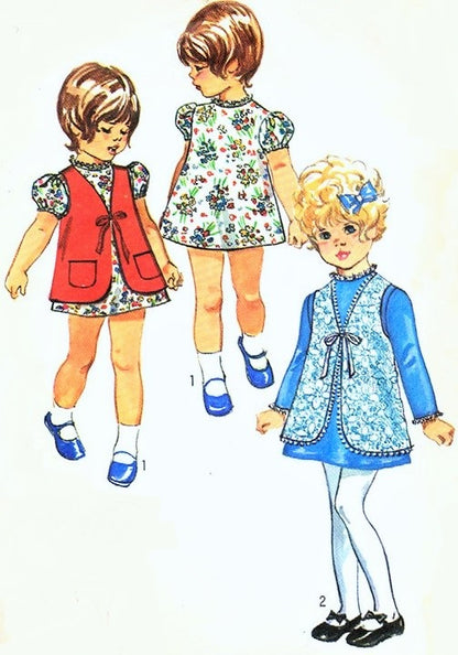 1970s SIMPLICITY 9130 Sweet Girls Childrens Dress and Vest Pattern 2 Cute Kawaii Styles Size 3 Vintage Sewing Pattern UNCUT
