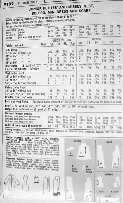 1970s How To Sew Dress Pattern Simplicity 9182 Mini Dress, Bolero Vest and Long Scarf Vintage Sewing Pattern