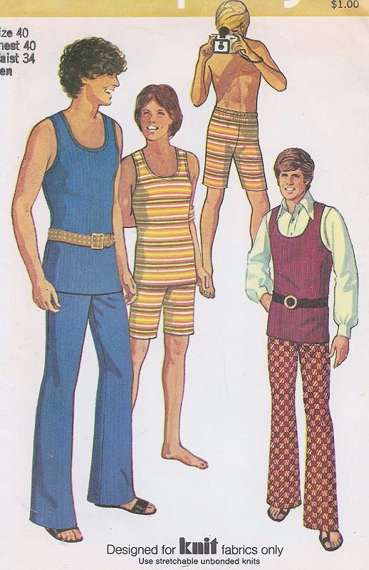 70s RETRO Men's Hip Hugger Pants, Shorts and Tank Top American Hustle Style Simplicity 9385 Vintage Sewing Pattern Chest 35 FACTORY FOLDED