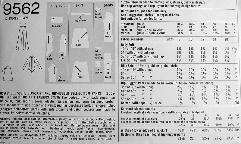 1970s FAB BodySuit Bias Skirt and Hip Hugger Bell Bottom Pants Pattern SIMPLICITY 9562  Bust 36 or 38 Vintage Sewing Pattern UNCUT