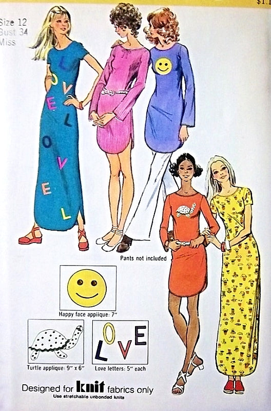 Cute 70s Mini or Maxi Dress Pattern Love, Happy Face and Turtle Applique Transfers Easy To Sew Simplicity 9917 Vintage Sewing Pattern UNCUT Size 8,14