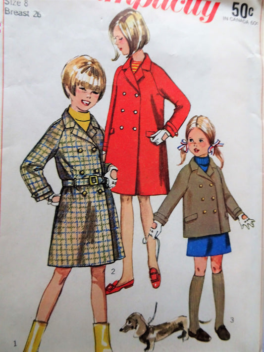 1960s CUTE Girls Coat or Jacket Pattern SIMPLICITY 7259 Sweet Double Breasted Coat Size 8 Vintage Sewing Pattern