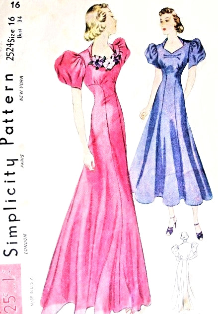 1930s Evening Gown Pattern Simplicity 2524  Princess Evening Dress Large Puff Sleeves, Shaped Neckline Stunning Design Bust 34 Vintage Sewing Pattern FACTORY FOLDED