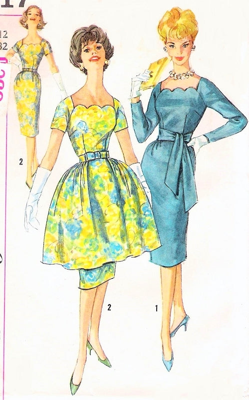 Late 1950s Party Cocktail Dress Pattern Simplicity 3717 Unique Fit and Flare Scalloped Neckline Sheath with Full  Detachable Overskirt Bust 32 Vintage Sewing Pattern