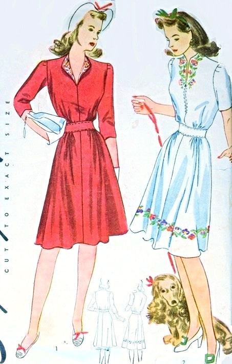 1940s CUTE Dress Pattern SIMPLICITY 4203 WW II Era Pretty 2 Neckline Styles Easy To Sew  Bust 34 Vintage Sewing Pattern