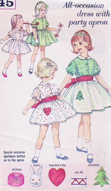 1960s ADORABLE Little Girls Party Dress and Holiday Special Occassion Apron Pattern Simplicity 4245 Peter Pan Collar Puff Sleeves Dress With Choice of Holiday Appliques Size 4 Vintage Sewing Pattern UNCUT