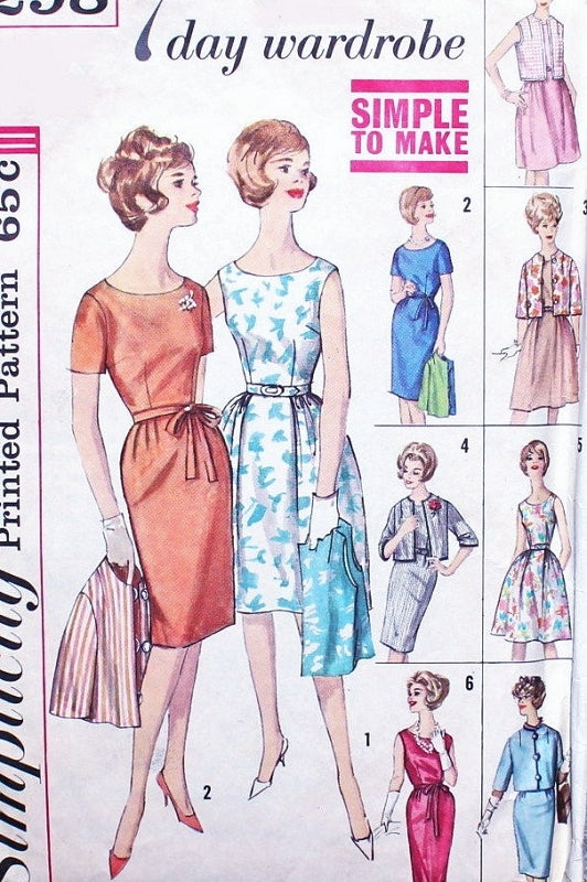 60s Seven Day Wardrobe Dress Pattern Simplicity 4298  Day to Evening Full Skirt or Slim Sheath Crop Jacket Vintage Sewing Pattern Bust 32 FACTORY FOLDED