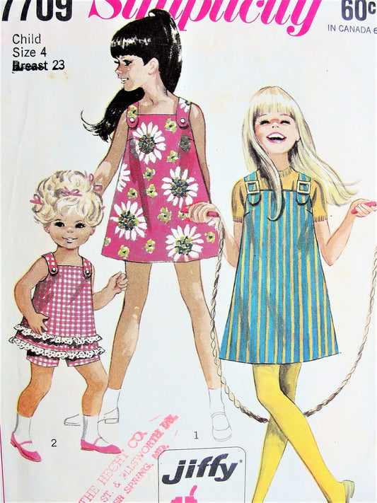 60s CUTE Girls Jiffy Dress Jumper Top Shorts Pattern Simplicity 7709 Kawaii Cute Styles Easy Sew Childrens Size 10 Vintage Sewing Pattern
