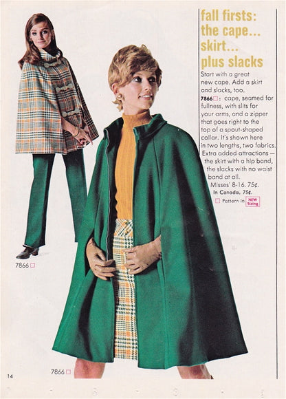 1960s MOD Cape Coat, A Line Skirt and Slim Leg Pants Pattern SIMPLICITY 7866 Fab Styles  Bust 36 Vintage Sewing Pattern