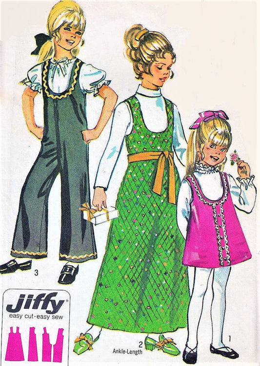 CUTE 70s Girls Jumper Dress and Jumpsuit Pattern Simplicity 9132 Kawaii Mini or Maxi Dress Size 8 Easy To Sew Vintage Sewing Pattern
