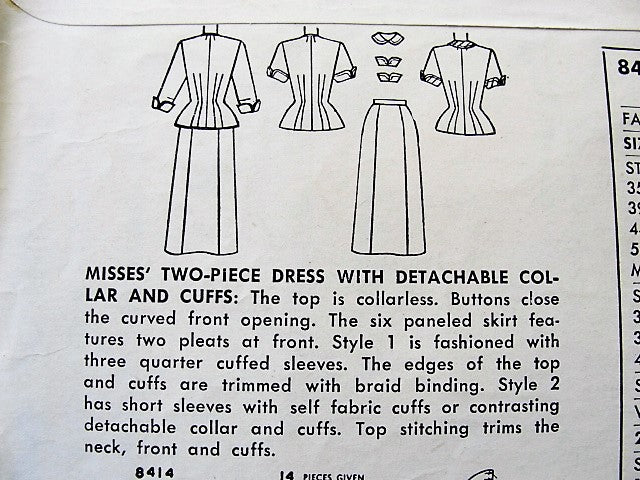 1950s STRIKING Suit Dress Pattern SIMPLICITY 8414 Unique Curved Closing Fitted Jacket Two Versions Bust 38 Vintage Sewing Pattern