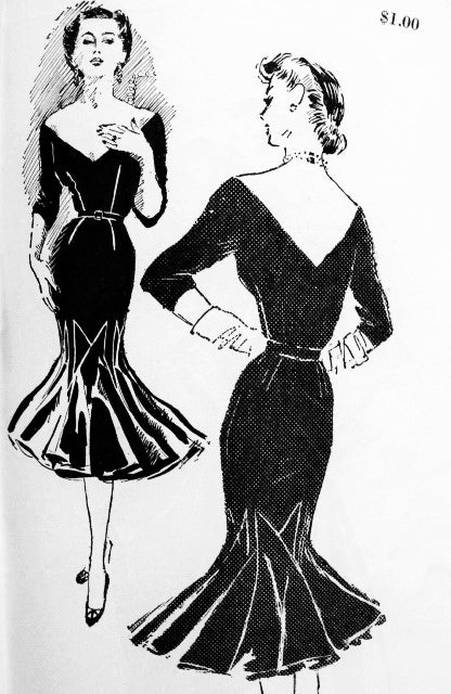 1950s BEYOND FABULOUS Cocktail Evening Dress Pattern SPADEA 1036 American Designer JO COPELAND Party Goer Dress Plunging V Neckline Glove Fitting Slim Dramatic Flared Hemline Bust 36 Vintage Sewing Pattern FF