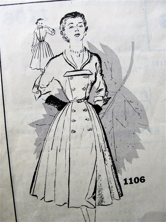 1950s STYLISH Fira Benenson Double Breasted Dress Pattern SPADEA 1106 Beautiful Design Details Front Button Day or Dinner Dress Bust 30 Vintage Sewing Pattern