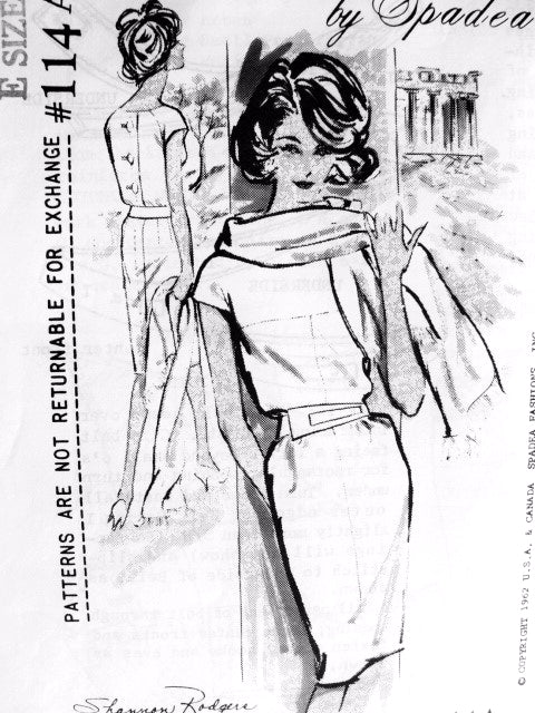 1960s Slim Day or Cocktail Dress and Stole Pattern SPADEA 114 Shannon Rodgers For Jerry Silverman Design Lovely Bloused Bodice Button Back Unique Shaped Belt Bust 35 Vintage Sewing Pattern