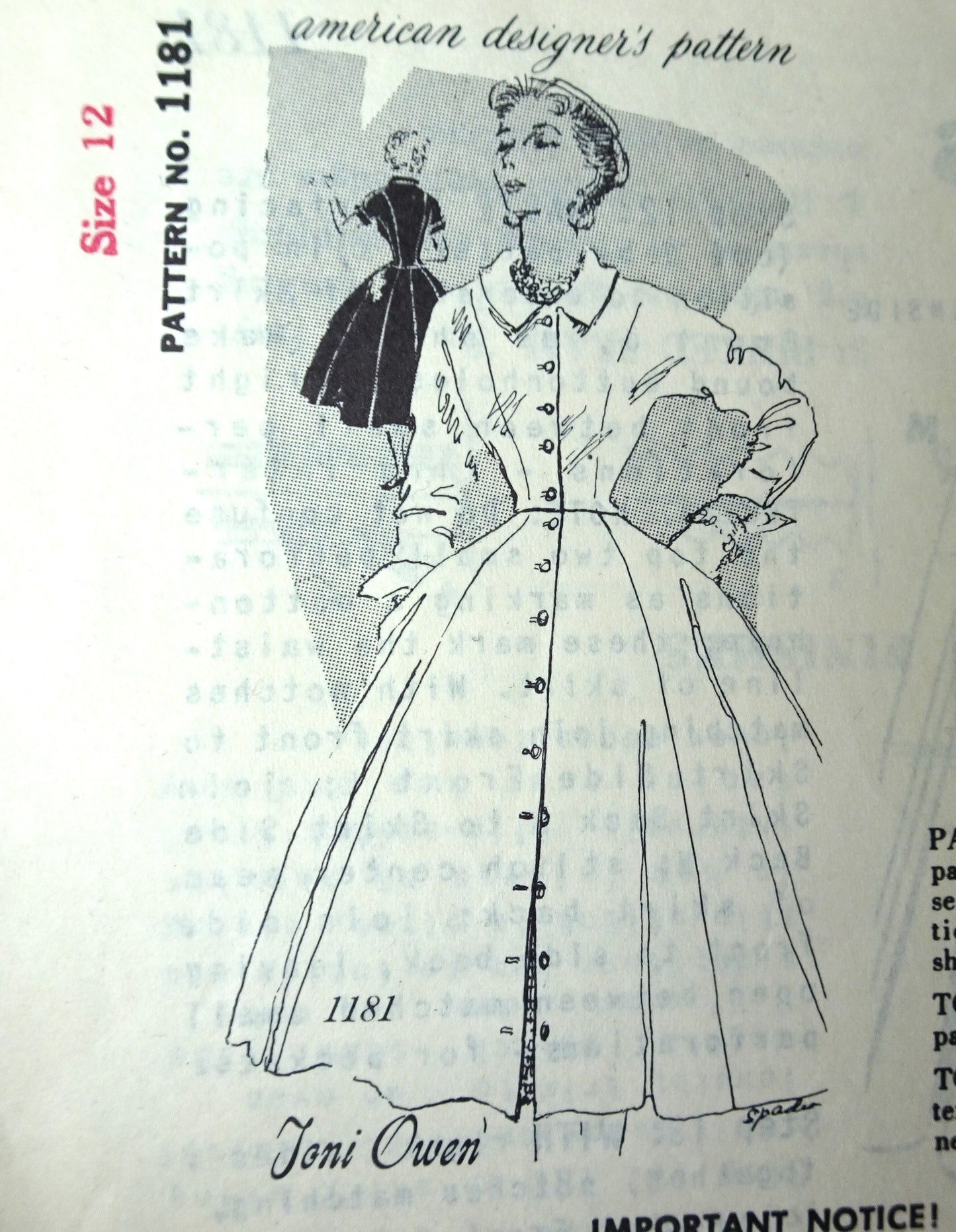 1950s BEAUTIFUL Front Button Dress Day or Cocktail Party Pattern Spadea AMERICAN DESIGNER 1181 Toni Owen Designer Bust 35 Vintage Sewing Pattern