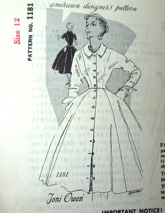 1950s BEAUTIFUL Front Button Dress Day or Cocktail Party Pattern Spadea AMERICAN DESIGNER 1181 Toni Owen Designer Bust 35 Vintage Sewing Pattern