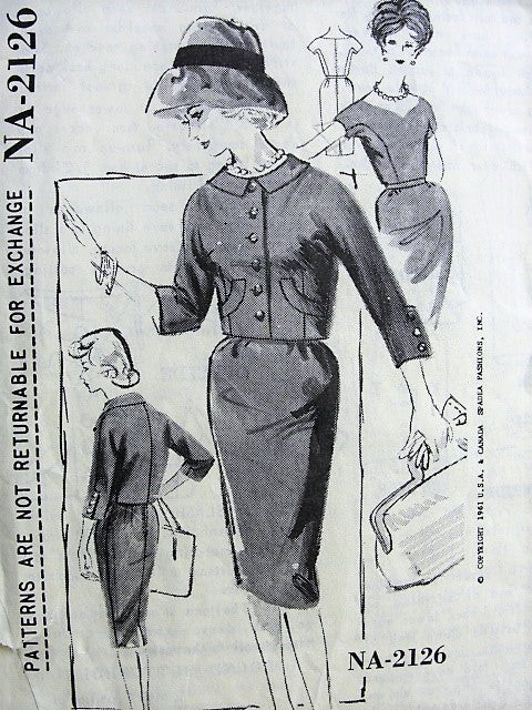 1960s STYLISH Dress with Heart Shaped Neckline and Jacket Spadea 2126 Bust 36 1/2 Vintage Sewing Pattern