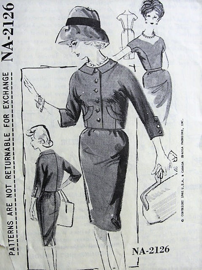 1960s STYLISH Dress with Heart Shaped Neckline and Jacket Spadea 2126 Bust 36 1/2 Vintage Sewing Pattern